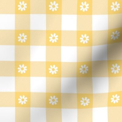 Buttercup Yellow and White Gingham Check with Center Floral Medallions in White