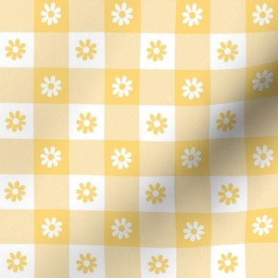 Buttercup Yellow and White Gingham Check with Center Floral Medallions in White and Yellow