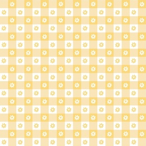 Buttercup Yellow and White Gingham Check with Center Floral Medallions in White and Yellow