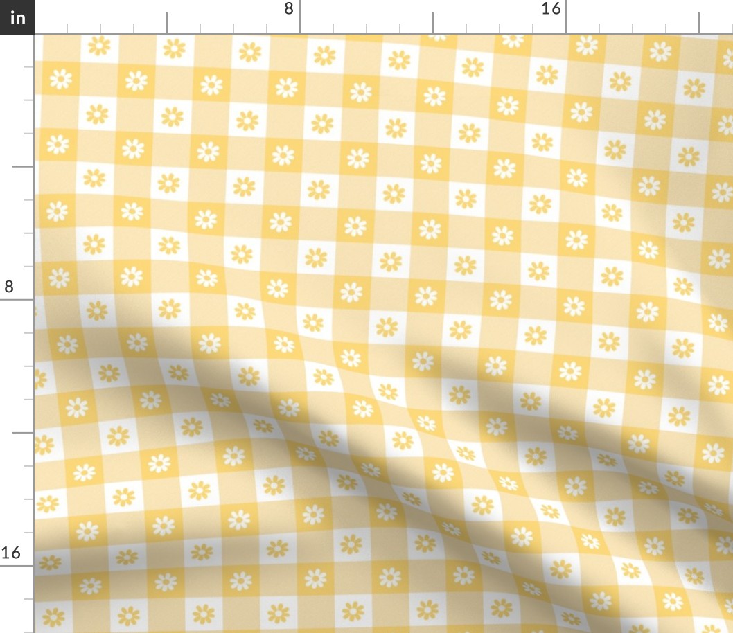 Buttercup Yellow and White Gingham Check with Center Floral Medallions in White and Yellow