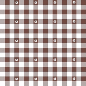 Cinnamon Brown and White Gingham Check with Center Floral Medallions in White
