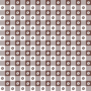Cinnamon Brown and White Gingham Check with Center Floral Medallions in Cinnamon and White