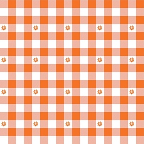 Carrot Orange and White Gingham Check with Center Floral Medallions in Carrot