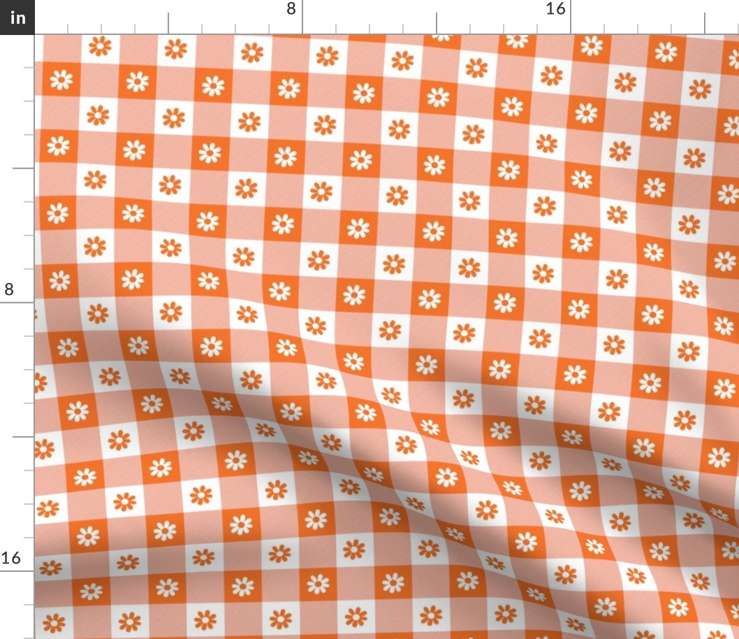 Carrot Orange and White Gingham Check with Center Floral Medallions in Carrot and White