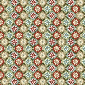 Retro Christmas geometric ogee with stars - poppy red, khaki, ivory, teal - small