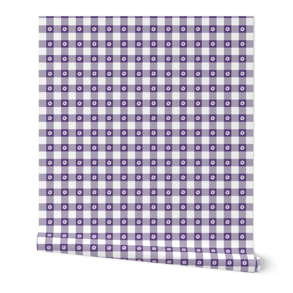 Purple Grape and White Gingham Check with Center Floral Medallions in White