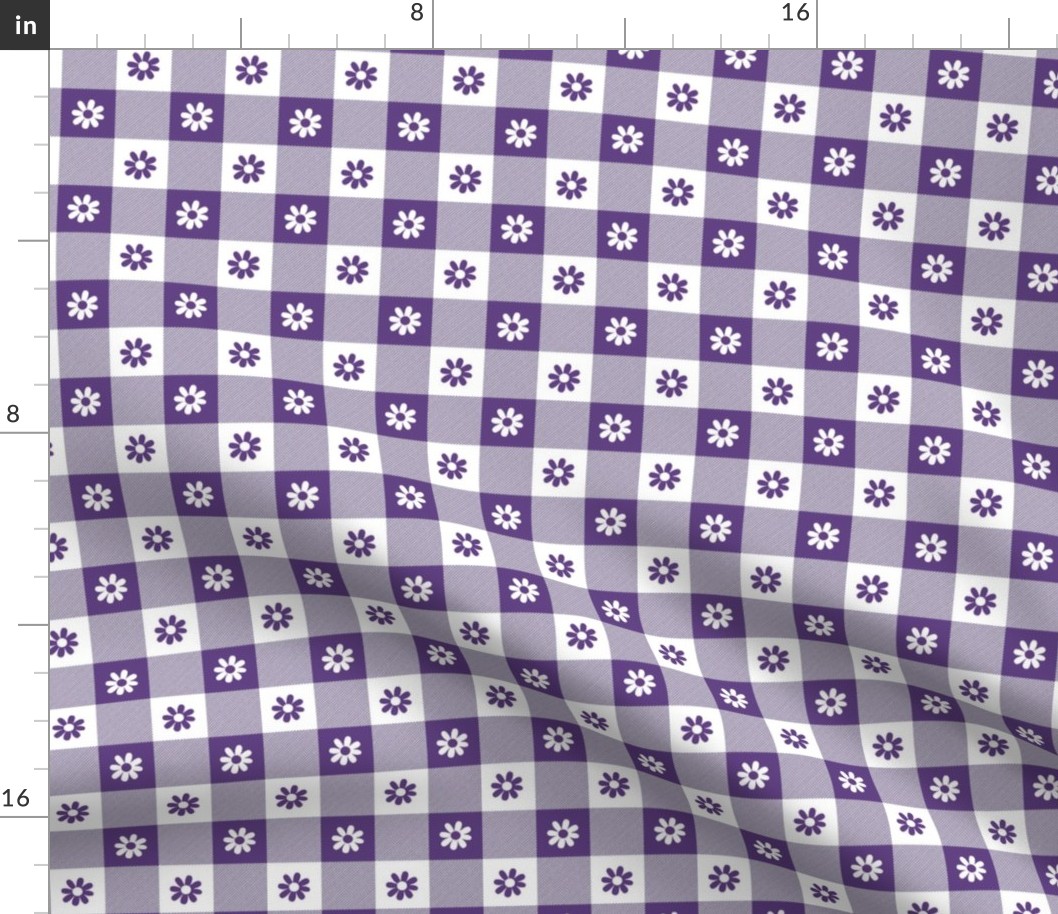 Purple Grape and White Gingham Check with Center Floral Medallions in Purple and White