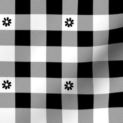 Black and White Gingham Check with Center Floral Medallions in Black