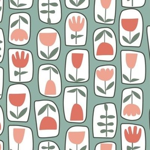 Coral and Peach Abstract Tulips in Blocks on Light Teal Ground Vertical