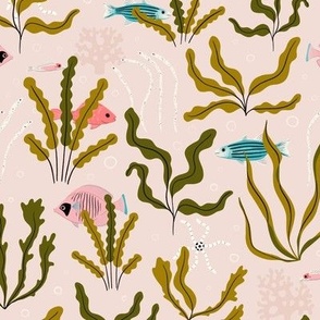 Sea Garden - Olive Green and Coral Red on Light Pink