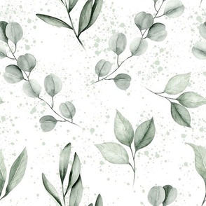 large // watercolor eucalyptus, olive leaf, greenery, leaves, plants, foliage on white with paint splatter// edition 1 