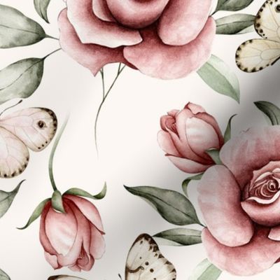 large // roses garden with butterflies flying, watercolor flowers, romantic floral, marsala roses on off white