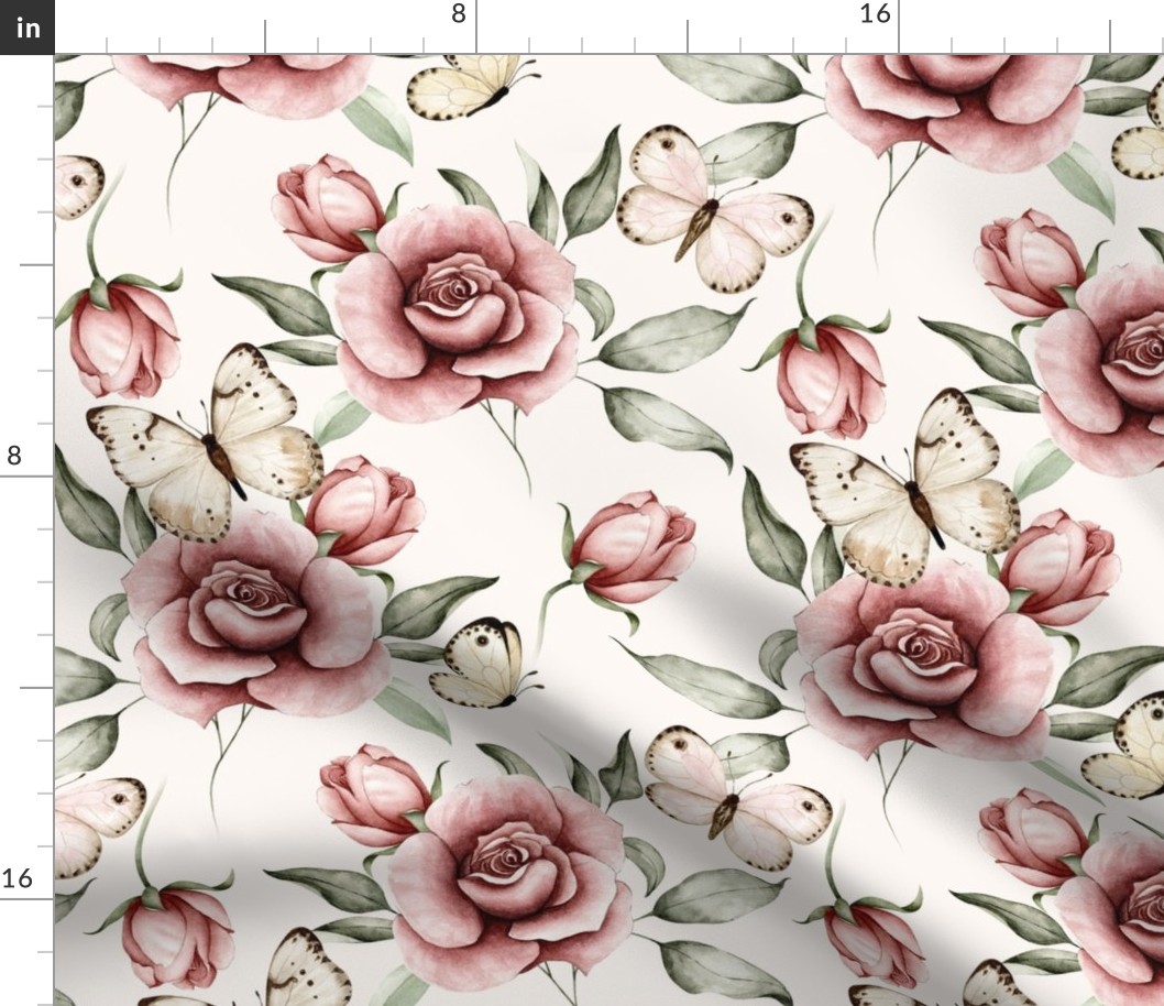 large // roses garden with butterflies flying, watercolor flowers, romantic floral, marsala roses on off white