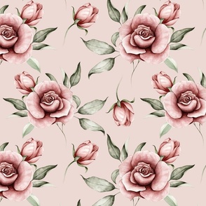 large //  roses garden, watercolor flowers, romantic floral, marsala roses on pale blush
