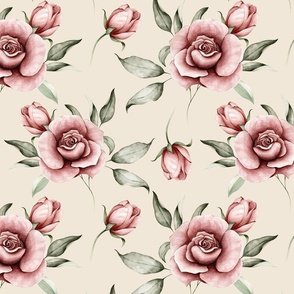 large //  roses garden, watercolor flowers, romantic floral, marsala roses on light vanilla