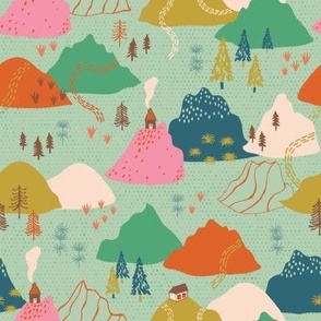 Mountain cabins hiking trails green, pink, blue kids nature print