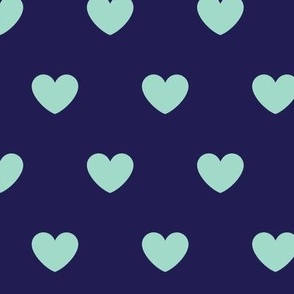 Hearts- Polka Dot Heart- I Love You- Valentines Day- Mint Green Hearts on Navy Blue Background- Lovecore Aesthetic- Large