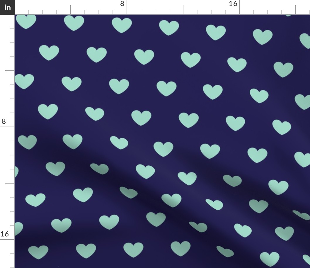 Hearts- Polka Dot Heart- I Love You- Valentines Day- Mint Green Hearts on Navy Blue Background- Lovecore Aesthetic- Large