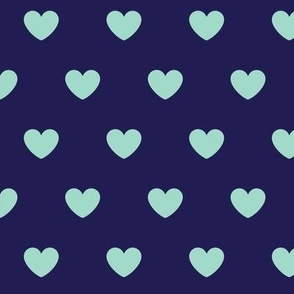 Hearts- Polka Dot Heart- I Love You- Valentines Day- Mint Green Hearts on Navy Blue Background- Lovecore Aesthetic- Medium