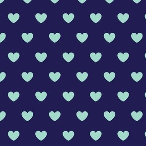 Hearts- Polka Dot Heart- I Love You- Valentines Day- Mint Green Hearts on Navy Blue Background- Lovecore Aesthetic- Small