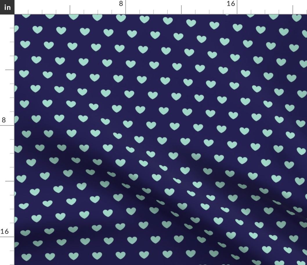 Hearts- Polka Dot Heart- I Love You- Valentines Day- Mint Green Hearts on Navy Blue Background- Lovecore Aesthetic- Small