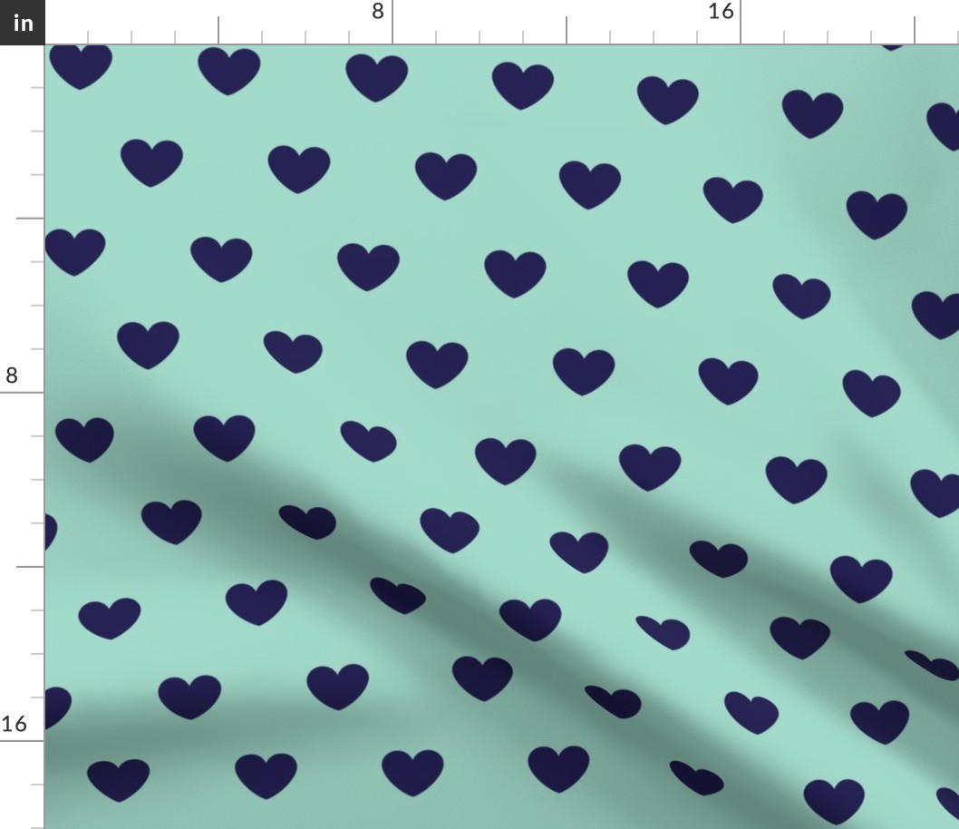 Hearts- Polka Dot Heart- I Love You- Valentines Day- Navy Blue Hearts on Mint Green Background- Lovecore Aesthetic- Large