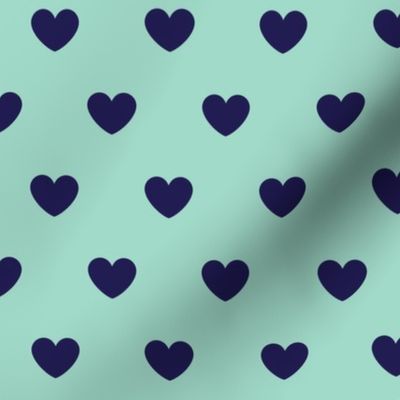 Hearts- Polka Dot Heart- I Love You- Valentines Day- Navy Blue Hearts on Mint Green Background- Lovecore Aesthetic- Medium