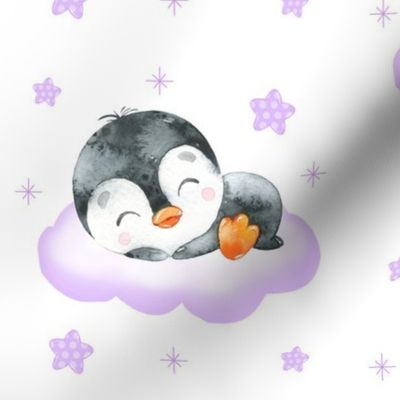 Purple Penguin Clouds Stars Baby Girl 