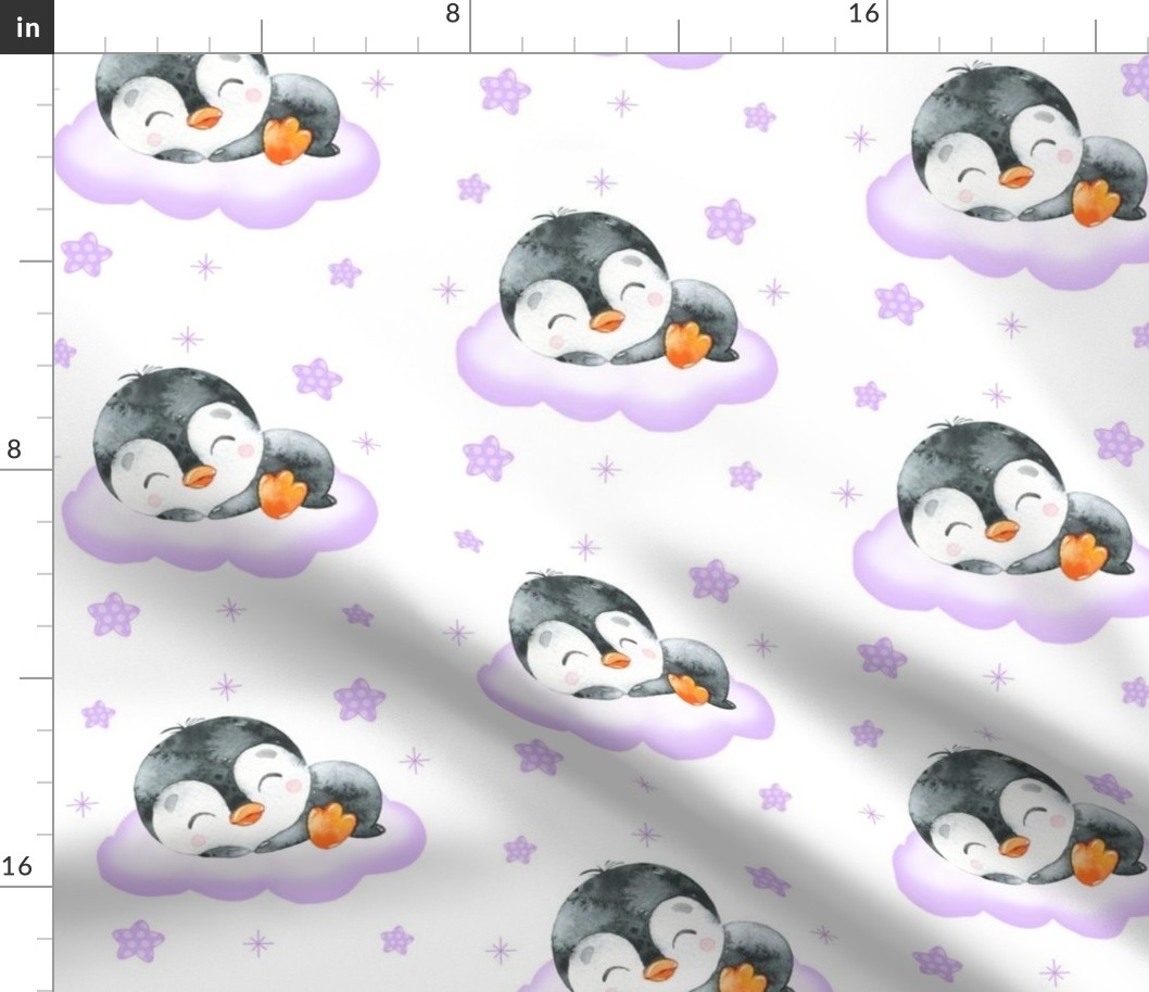 Purple Penguin Clouds Stars Baby Girl 