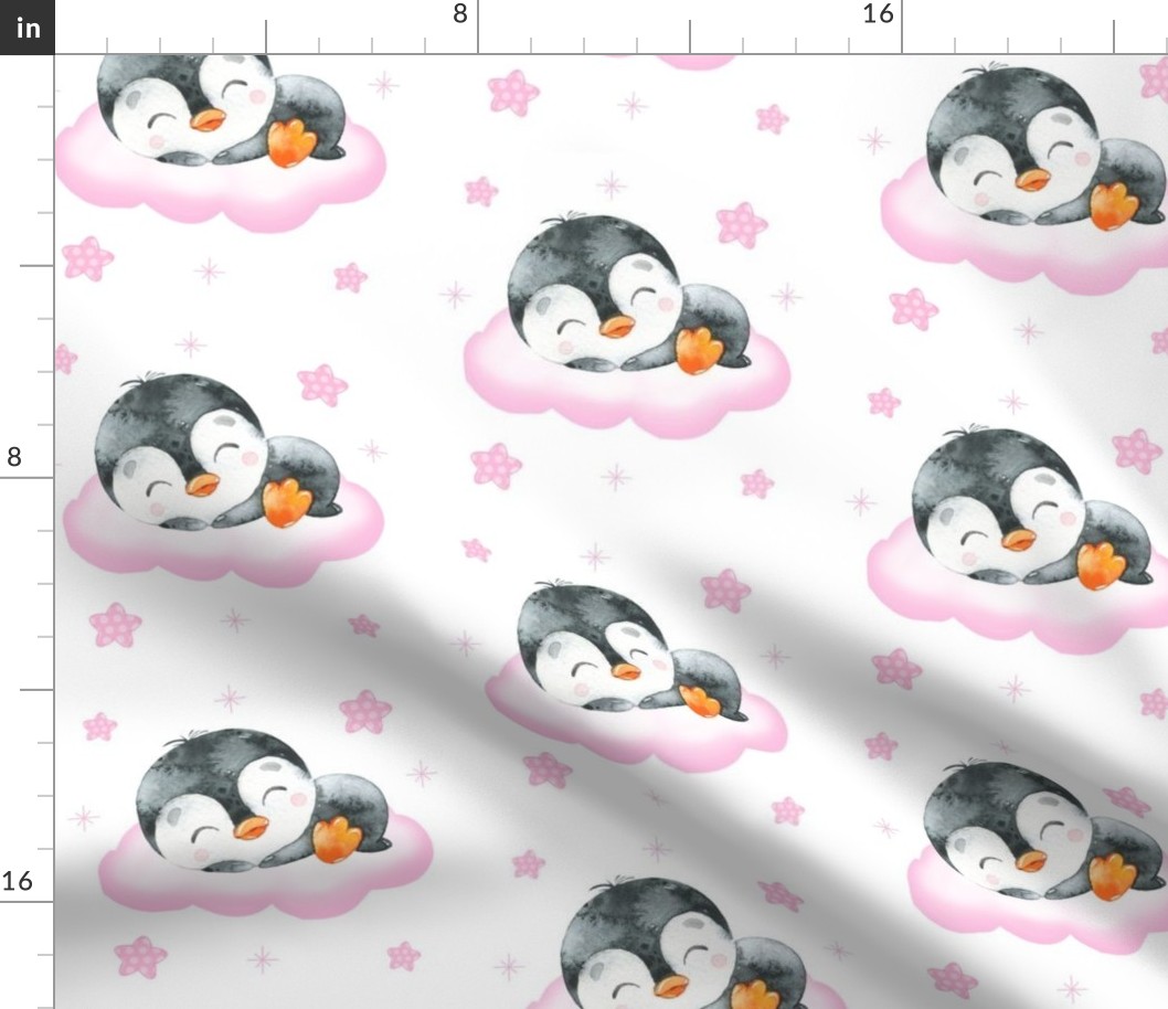 Pink Penguin Clouds Stars Baby Girl 