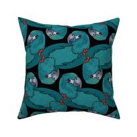 Topsy Turvy Parrots in Turquoise on Black