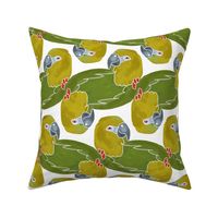Topsy Turvy Yellow and Green Parrots on White