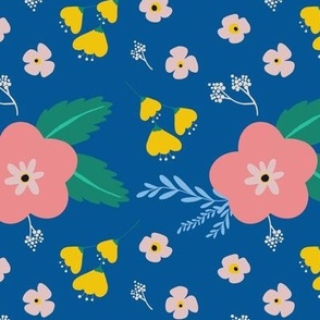 Bright and Simple Pink and Yellow Floral on Blue-flowers