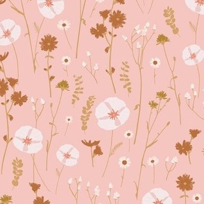 Vintage wildflowers floral and dried weeds in blush, pale pink, brown and chartreuse on pink - MEDIUM SCALE