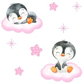 Pink Penguin on Clouds Stars 