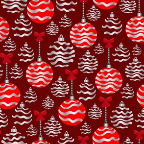 Christmas pattern, Christmas red decorations with silver colour, red background.