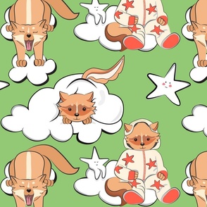 Bedtime for Little Foxes avocado green background