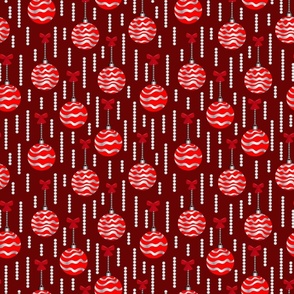 Christmas pattern, Christmas red and silver decorations, red background.