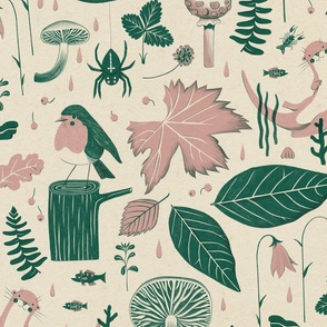 Detailed Hand-drawn Autumn Forest in Rose Bisque and Pine Green on Beige Texture