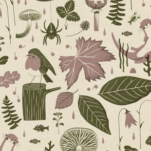Detailed Hand-drawn Autumn Forest in Rosy Brown & Olive Green on Beige Texture
