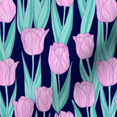 tulip field on dark blue