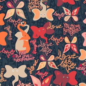 Elephant & Butterfly | Love is love | Make my heart flutter | funny Valentine's Day | Sweet love puns | red pink orange taupe beige on navy blue