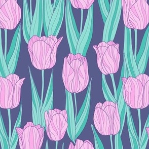 tulip field on light violet blue