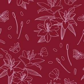 Lilies and butterflies burgundy