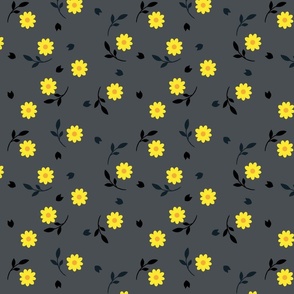 Yellow, black and dark teal flowers and leaves - Large scale
