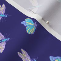 Butterflies and dragonflies on dark violet blue