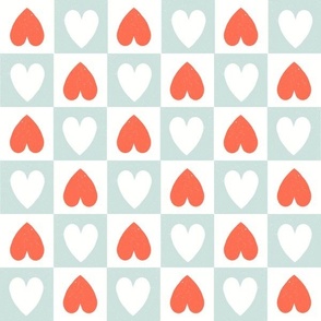 Mod Checker Hearts (coral red - seaglass mint) medium 