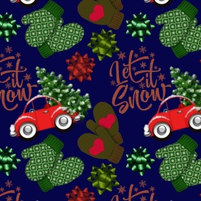 Let It Snow Mittens Cars Christmas Tree on Blue