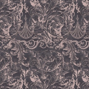 Victorian Baroque Swirls And Ornaments Pink Grey Smaller Scale