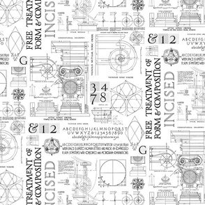  Vintage Architecture Pattern With Drawings And Text Black On White Smaller Scale